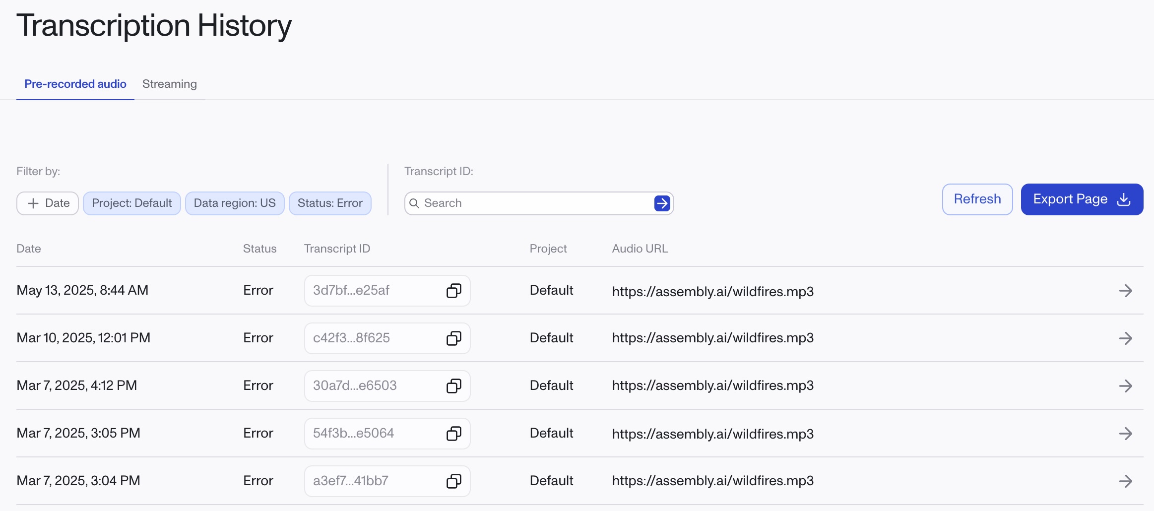 Failed transcripts shown in the dashboard Async Transcription Processing Queue