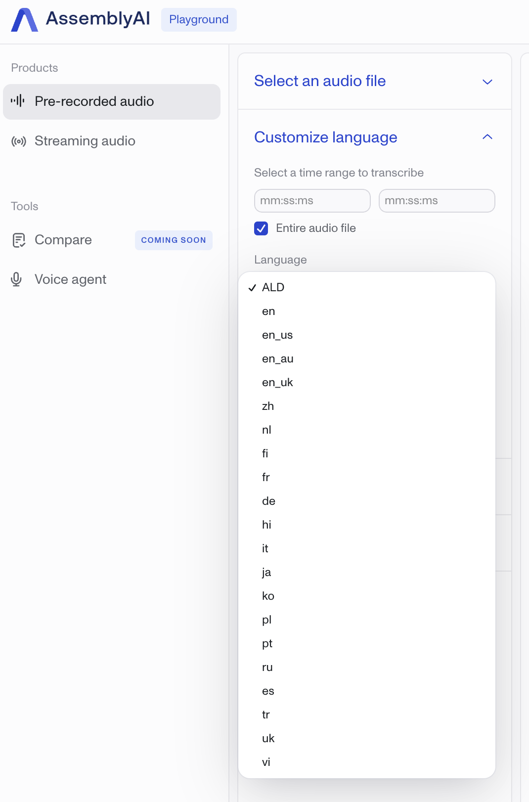 Playground language selection dropdown menu below the file upload area