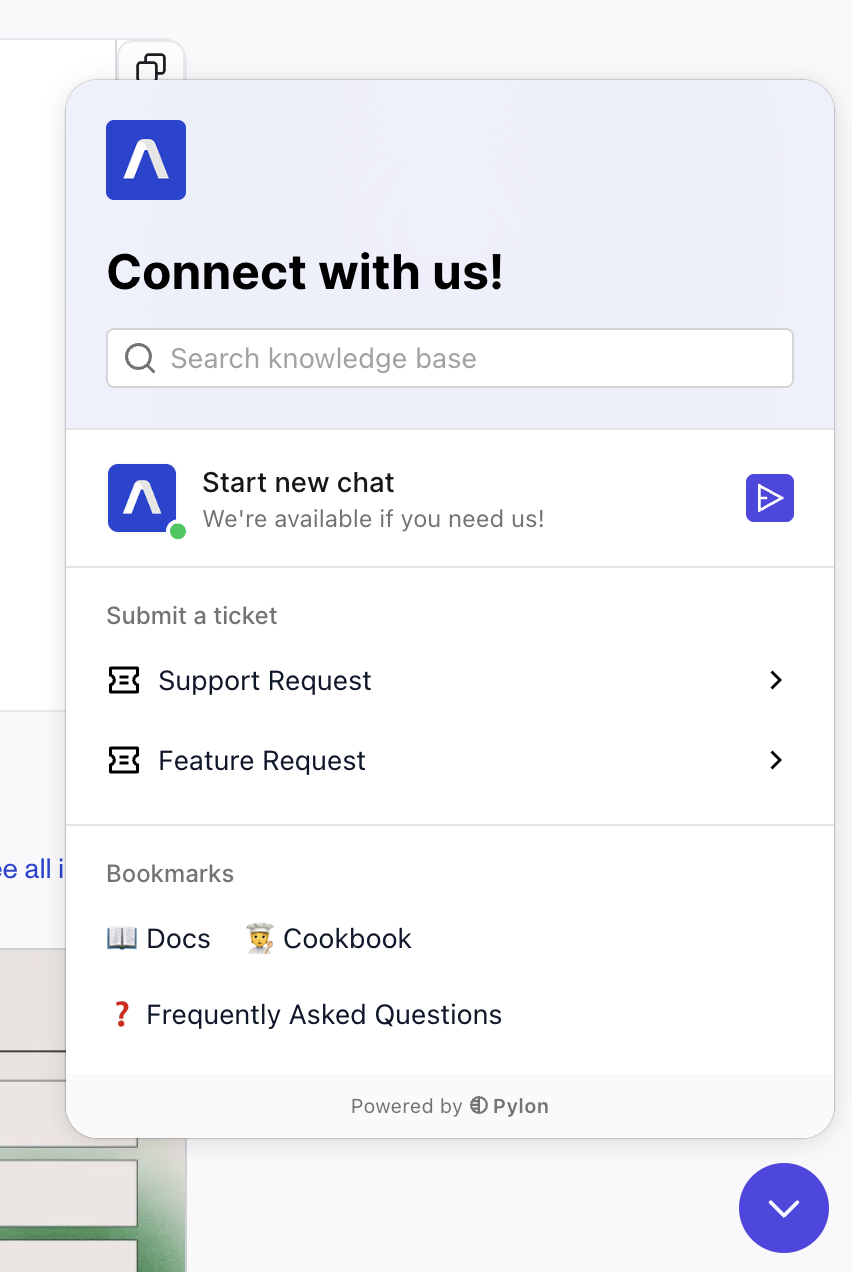 Support chat widget open in the AssemblyAI account dashboard