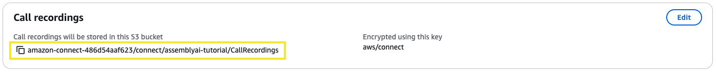 Amazon Connect Data Storage page showing the Call Recordings S3 bucket path