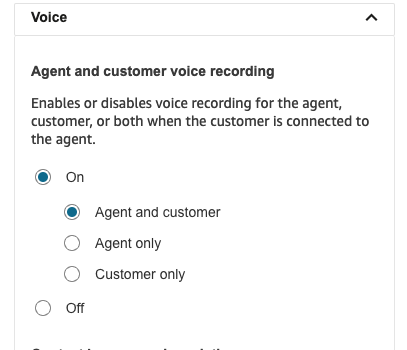 Set recording block settings enabling Voice recording for Agent and customer
