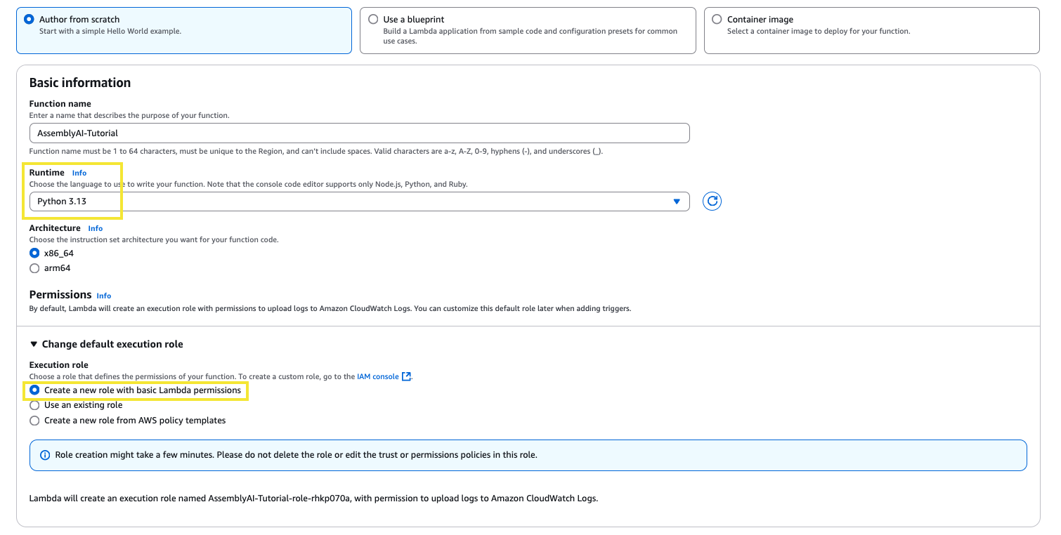 AWS Lambda create function page with the Python 3.13 runtime selected