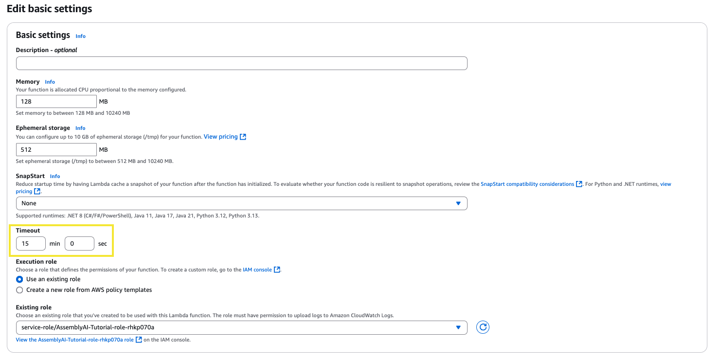 Lambda General configuration with the timeout set to 15 minutes