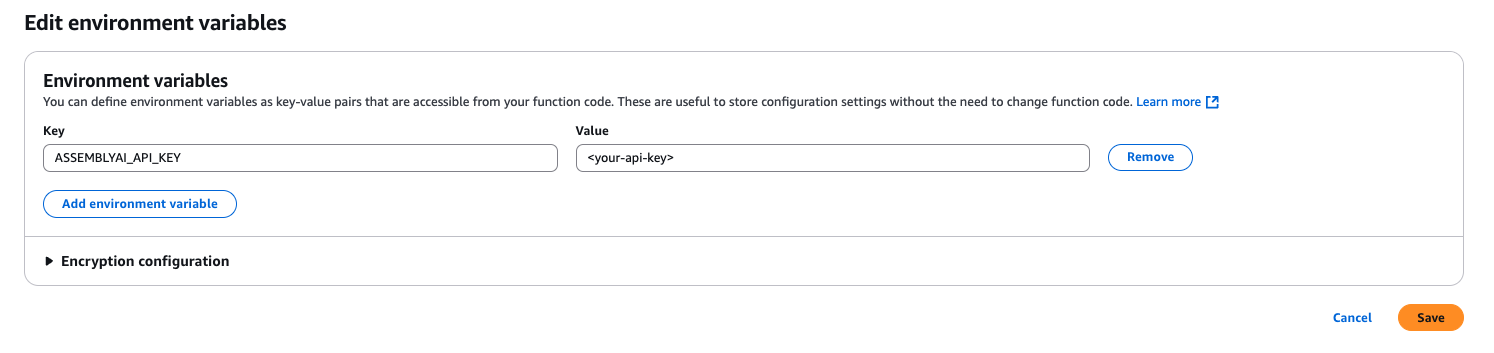 Lambda Environment variables page adding the ASSEMBLYAI_API_KEY variable