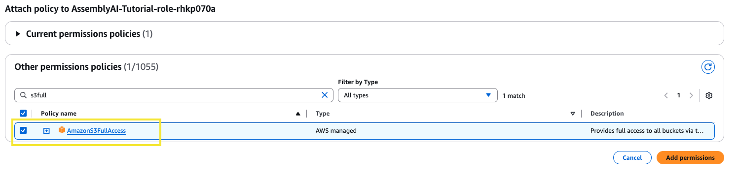 IAM role permissions page attaching the AmazonS3FullAccess policy