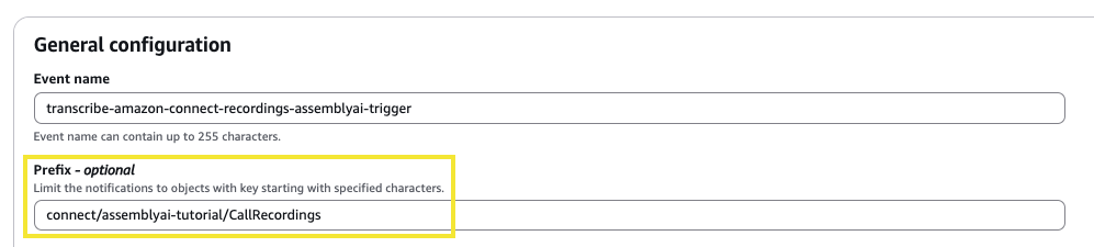 S3 Create event notification form with the Call Recordings folder prefix