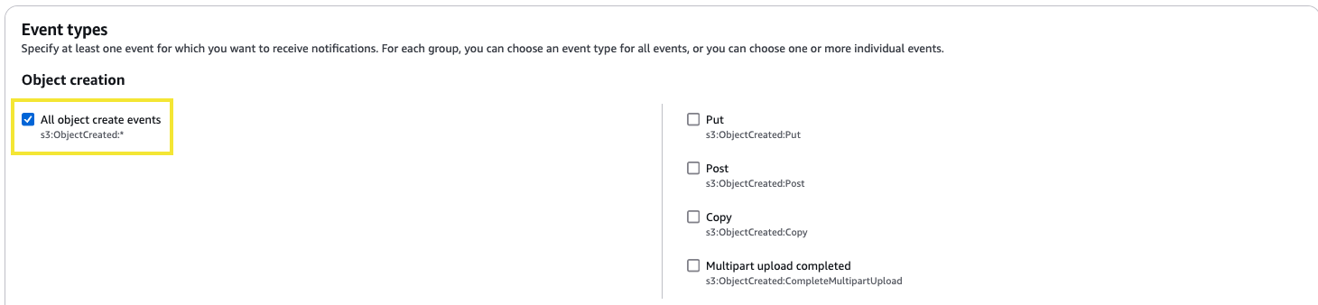 S3 event notification Event types with All object create events selected