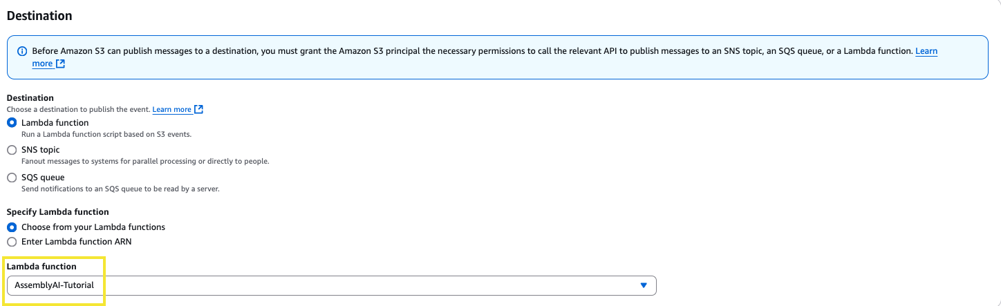 S3 event notification Destination set to the Lambda function