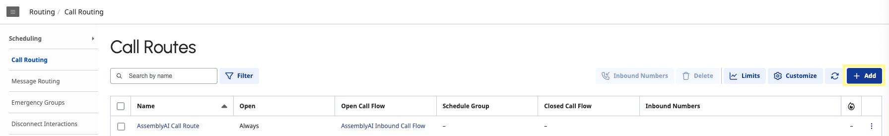 Call Routing page with the Add option under the Routing section in Genesys Cloud