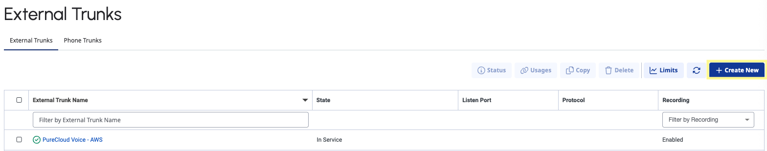 Creating a new external trunk on the Genesys Cloud External Trunks page