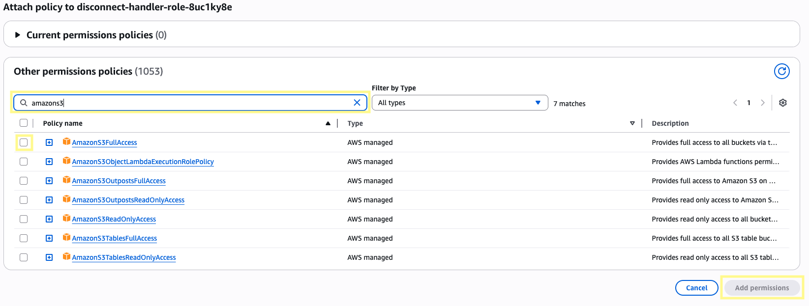 Adding AmazonS3FullAccess and CloudWatchEventsFullAccess permissions to the IAM role