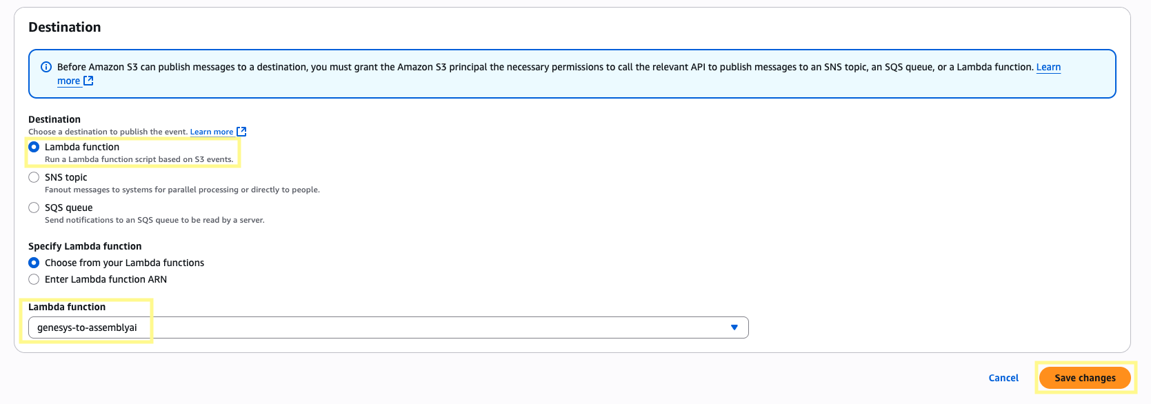 Setting the S3 event notification destination to the Lambda function