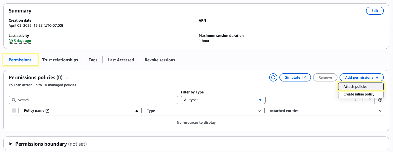 Attaching policies to the Lambda function's IAM role in the AWS console