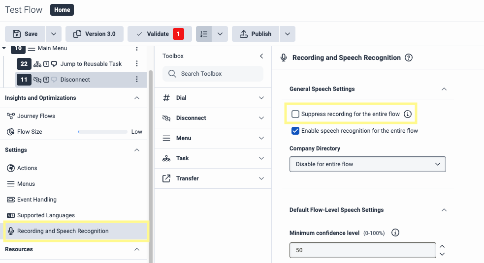 Recording and Speech Recognition settings with Suppress recording for the entire flow unchecked