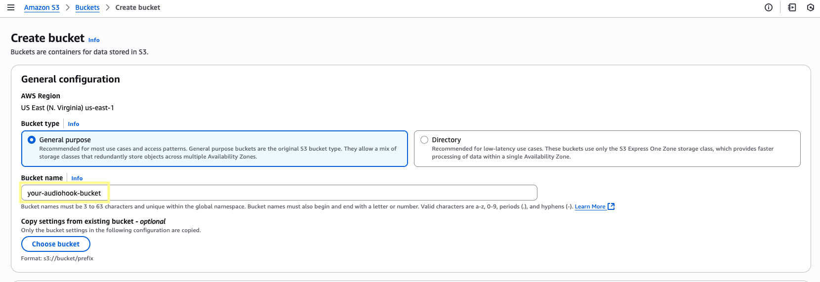 Creating an S3 bucket named your-audiohook-bucket in the AWS console