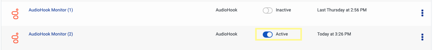 AudioHook Monitor integration toggled to Active status after successful verification