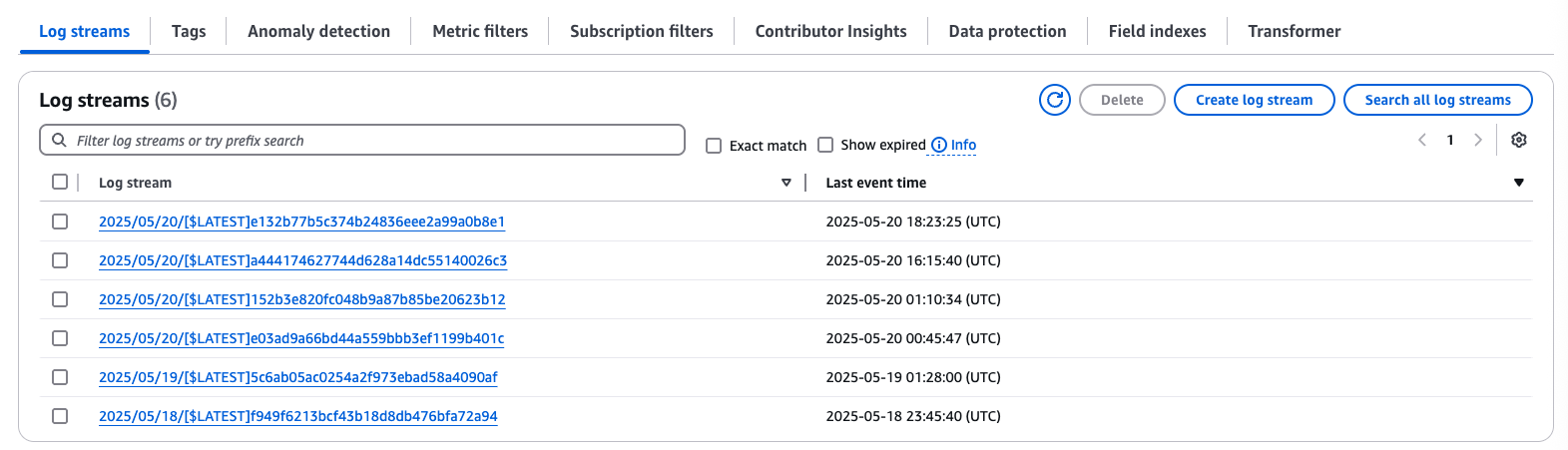 CloudWatch Log groups page for viewing the Lambda function's log streams