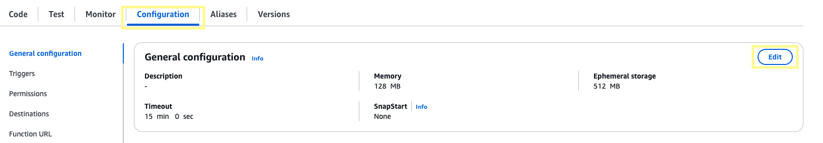 Lambda Configuration tab General configuration section in the AWS console