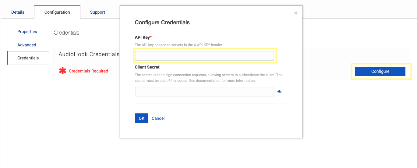 Setting the X-API-KEY credential in the AudioHook Monitor Credentials configuration