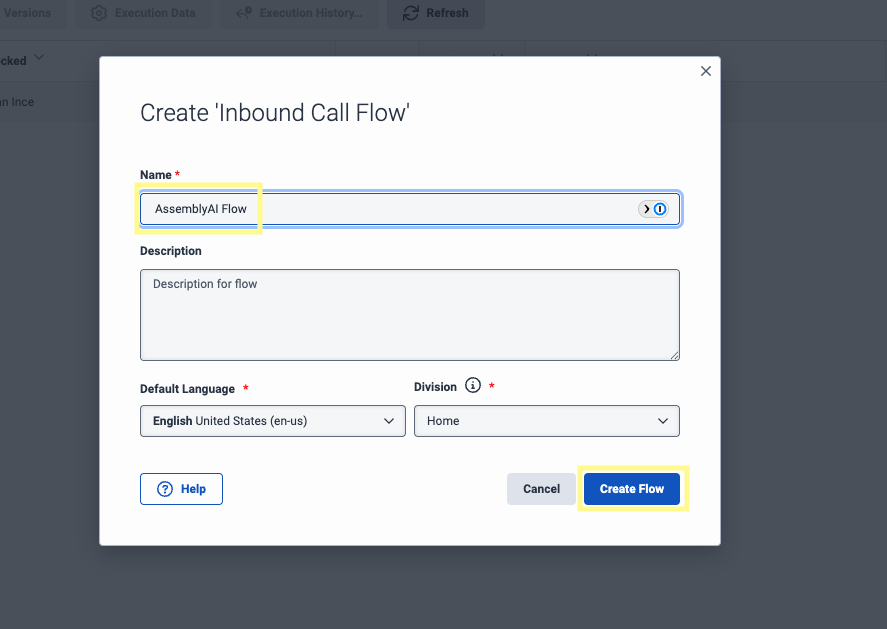 Create Flow dialog for adding a new inbound call flow in Genesys Architect