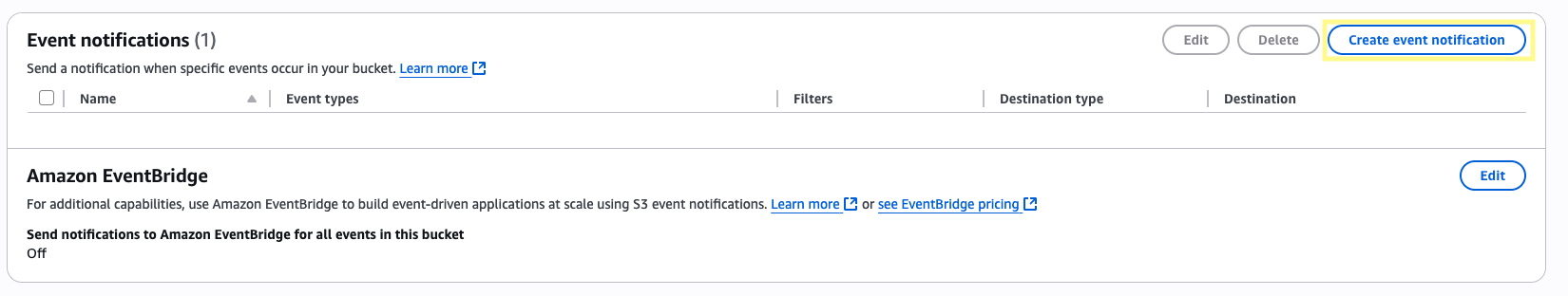 Creating an S3 event notification from the bucket Properties tab in the AWS console