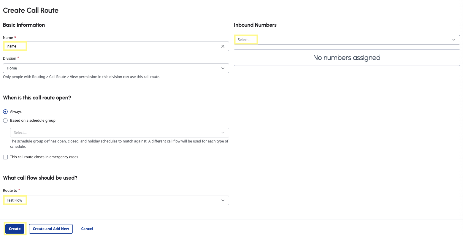 Creating a call route mapping the purchased inbound number to the call flow