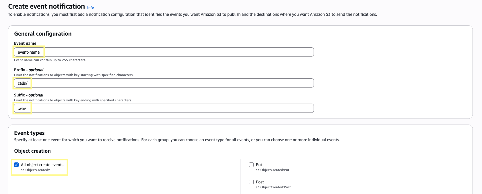 Configuring the S3 event notification with calls/ prefix, .wav suffix, and object create events