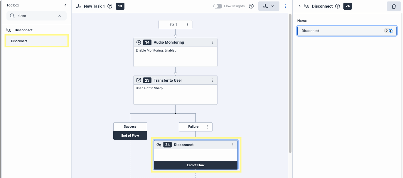 Disconnect step placed after the Failure path in the Genesys call flow