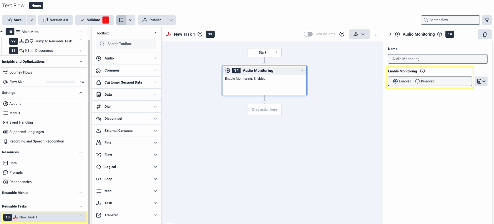 Audio Monitoring step added after Start with Enable Monitoring turned on in Genesys Architect