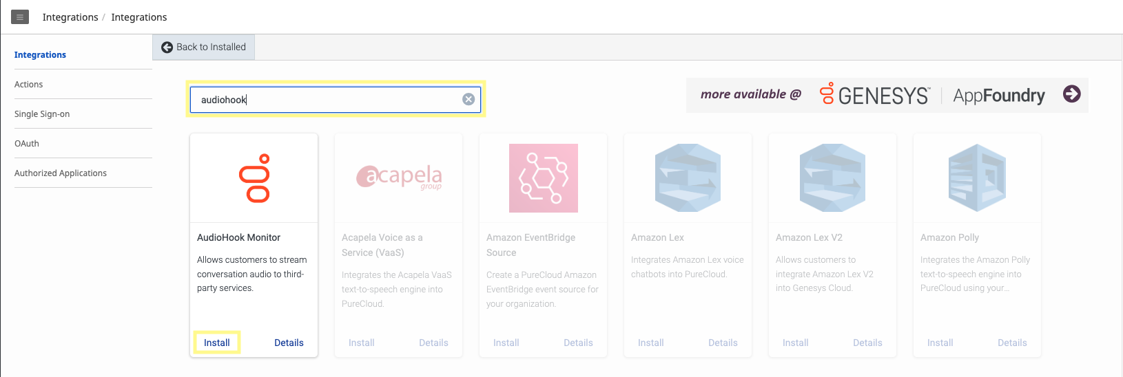 Installing the AudioHook Monitor integration from the Genesys Cloud integration catalog