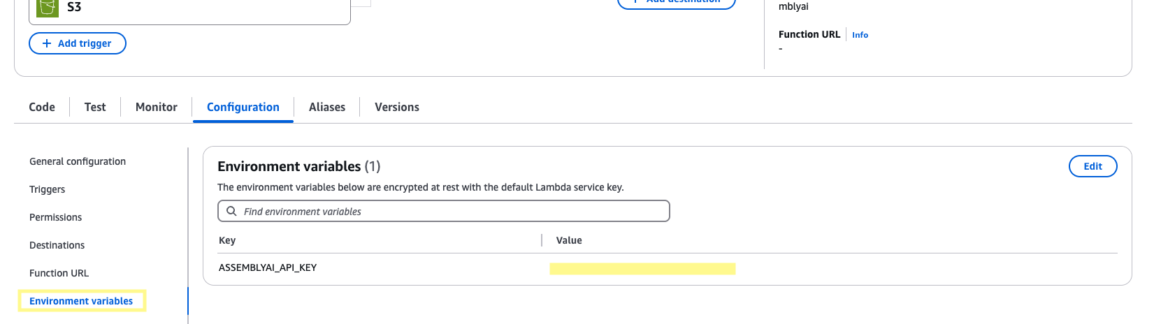 Adding the ASSEMBLYAI_API_KEY environment variable to the Lambda function