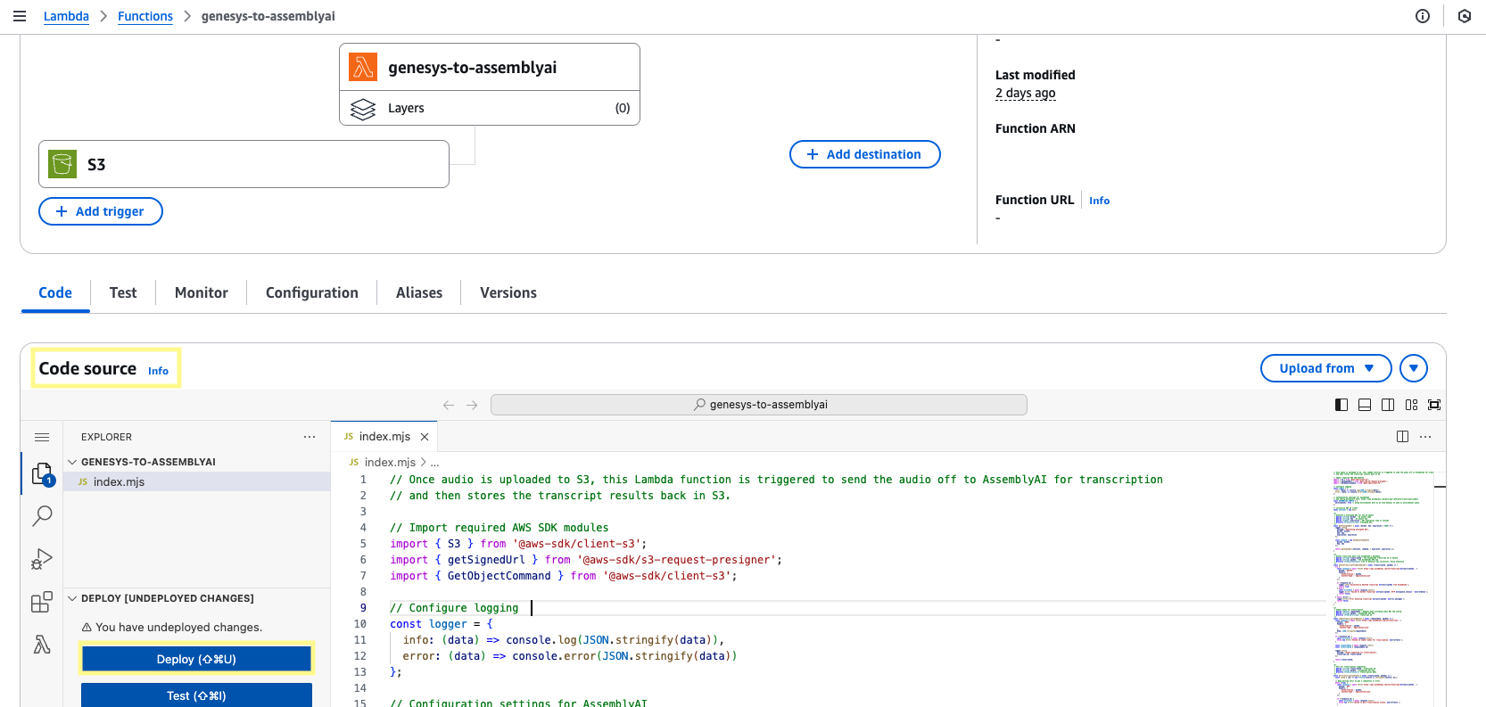 Lambda code source editor with the transcription handler pasted into index.js
