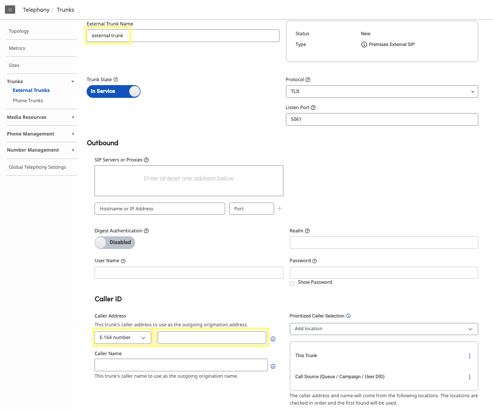 Setting the trunk Caller ID caller address to the purchased E.164 phone number