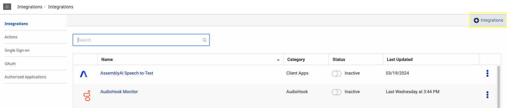 Adding a new integration from the Genesys Cloud Integrations page