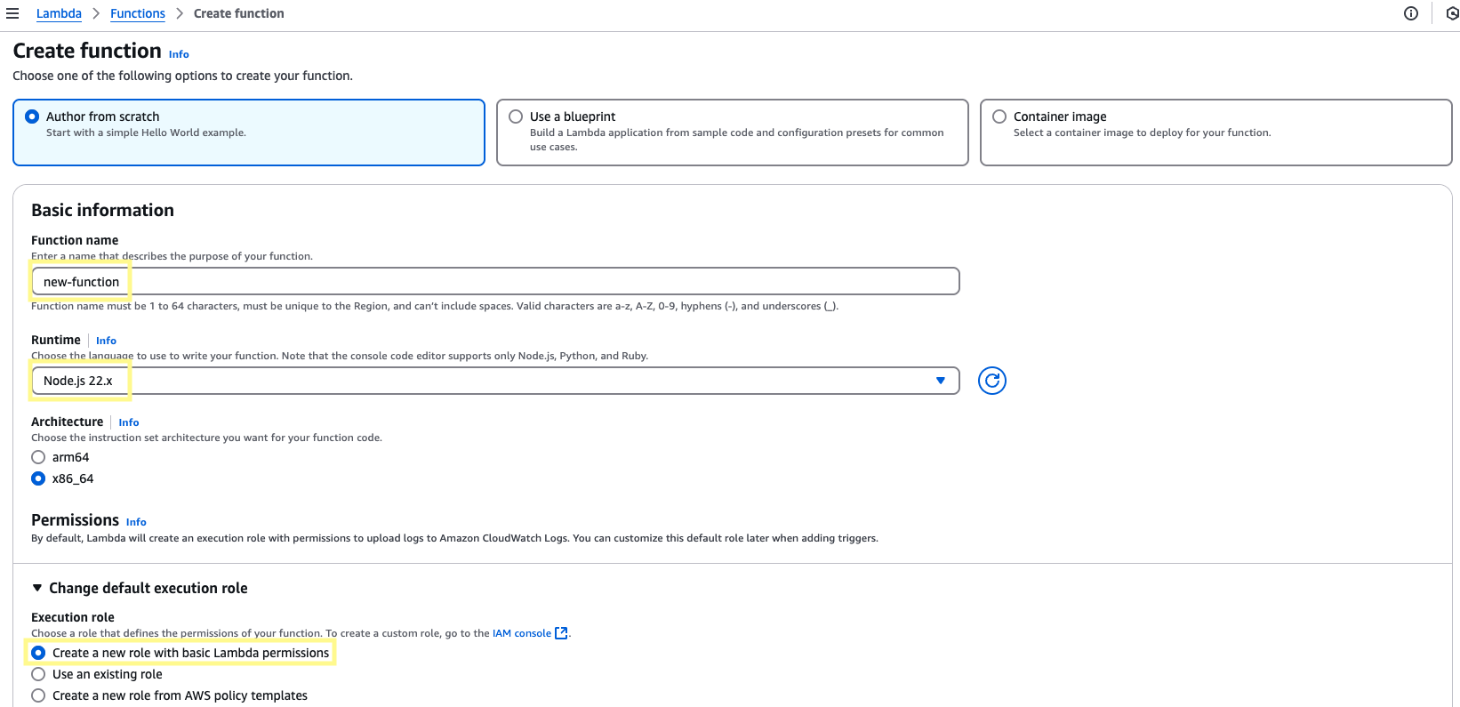 Creating a new Node.js Lambda function with a basic execution role in the AWS console
