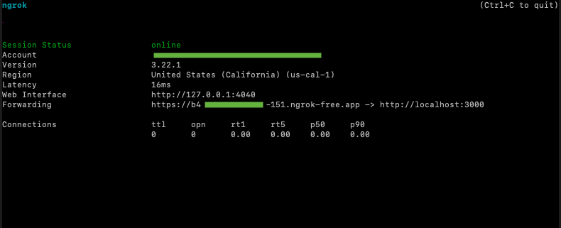 ngrok terminal output showing the forwarding URL for the local WebSocket server