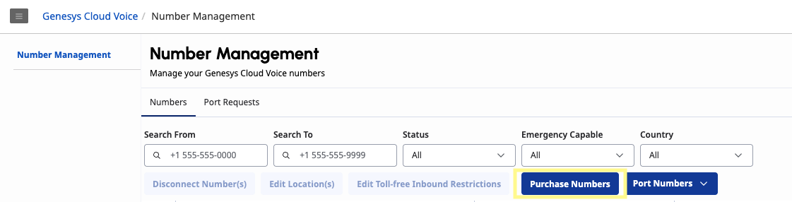 Number Management page with the Purchase Numbers option in Genesys Cloud Voice