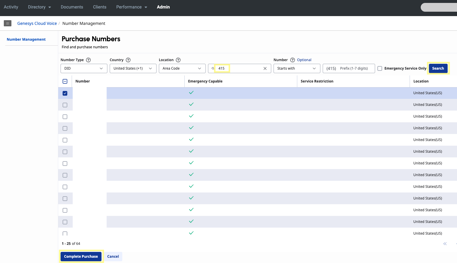 Searching for a phone number by area code before completing purchase in Genesys Cloud