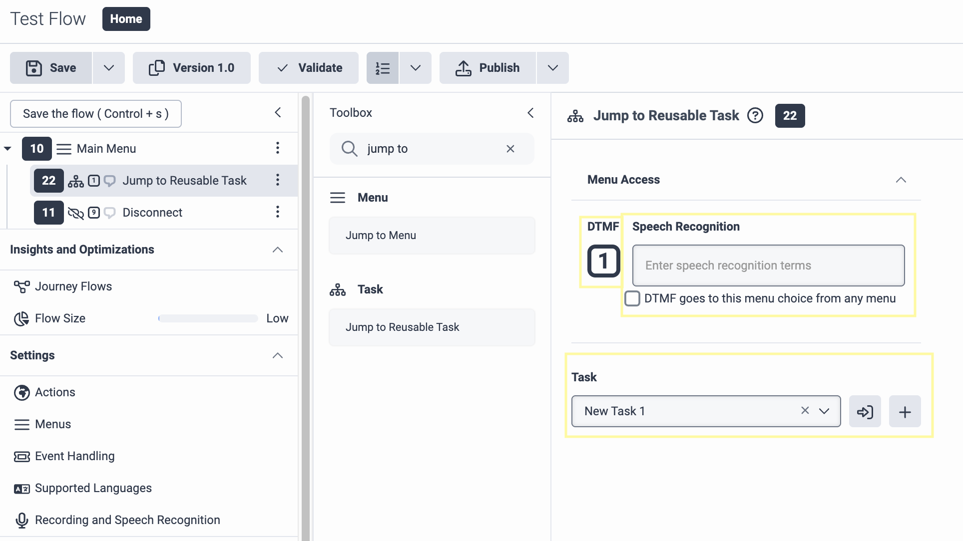 Jump to Reusable Task tool added to the Main Menu with DTMF and speech recognition values