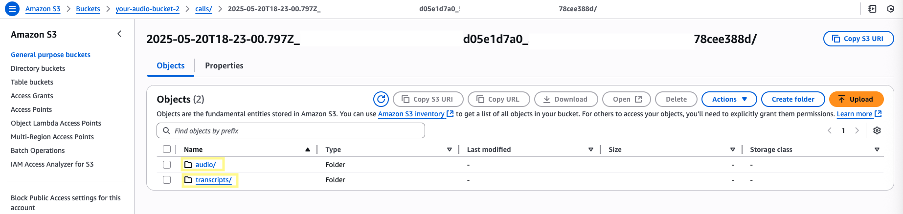 S3 bucket showing stored call recordings and transcript files after a successful run