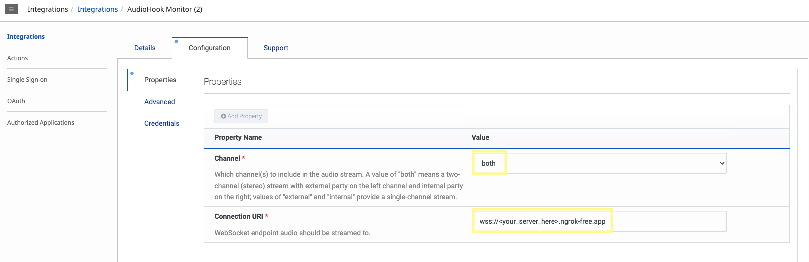 AudioHook Monitor Configuration tab with the wss Connection URI and both channels selected
