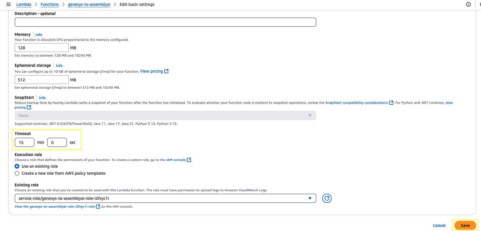 Setting the Lambda function timeout to 15 minutes in general configuration