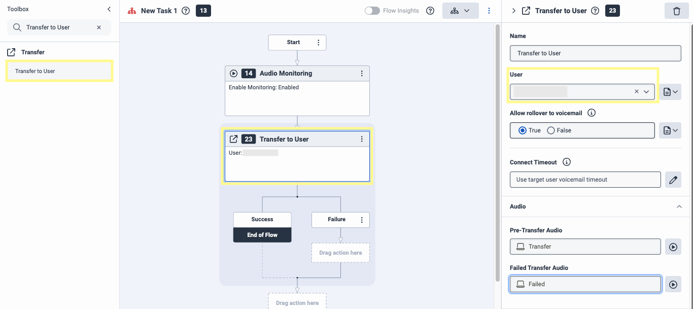 Transfer to User step configured with pre-transfer and failed transfer audio in Genesys Architect