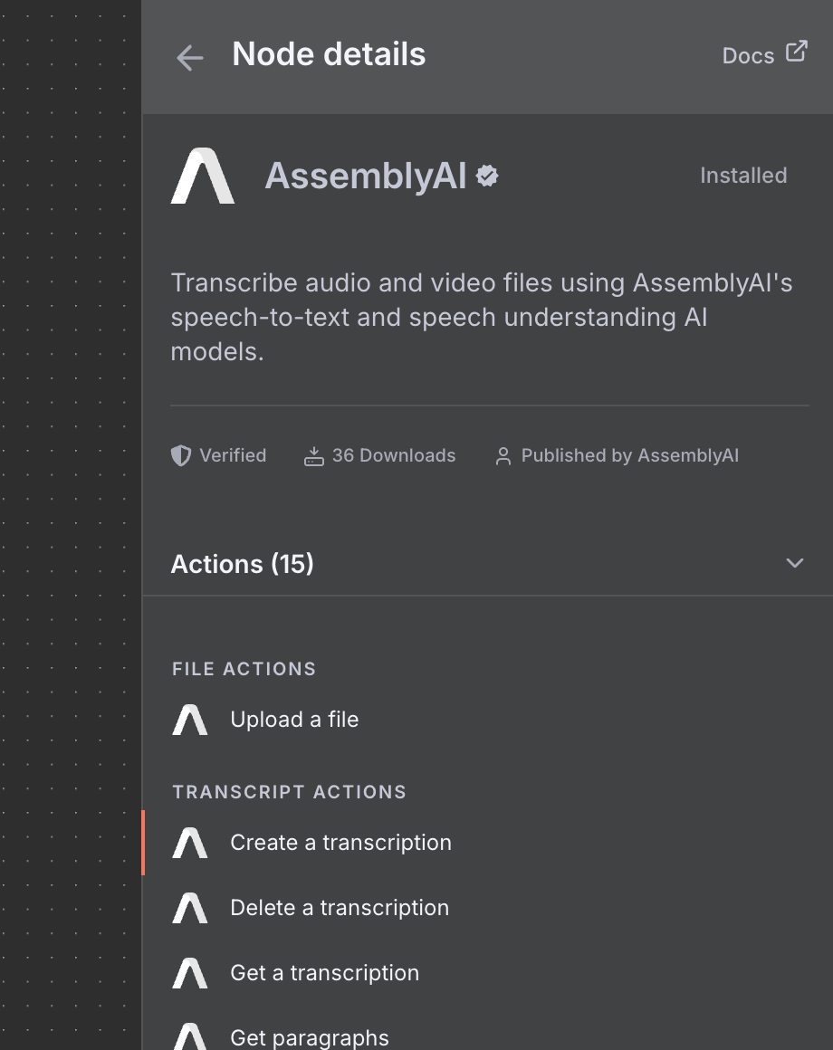 n8n AssemblyAI Create a transcription node added to the workflow