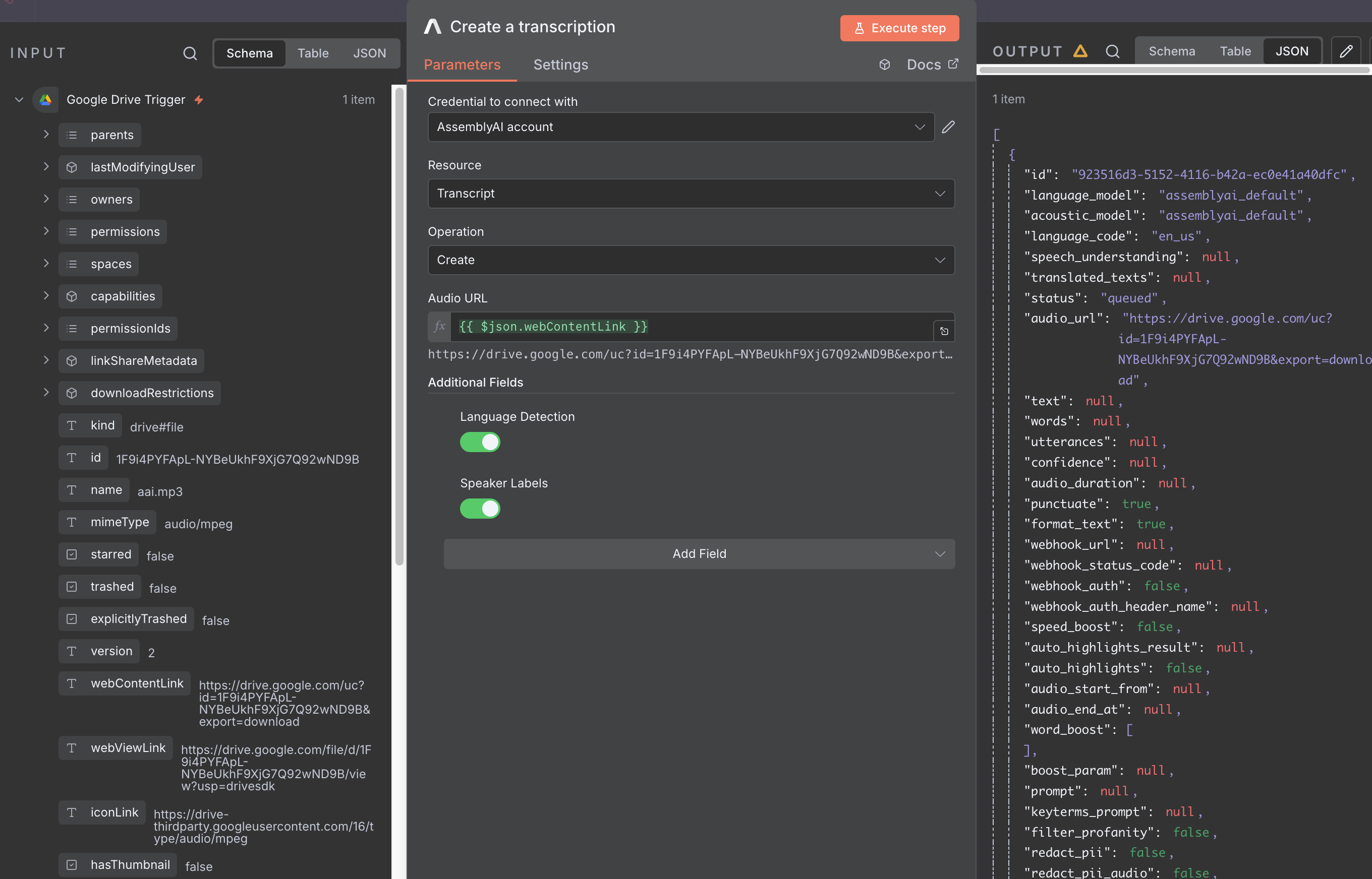 Create a transcription node parameters with Speaker Labels and Language Detection enabled