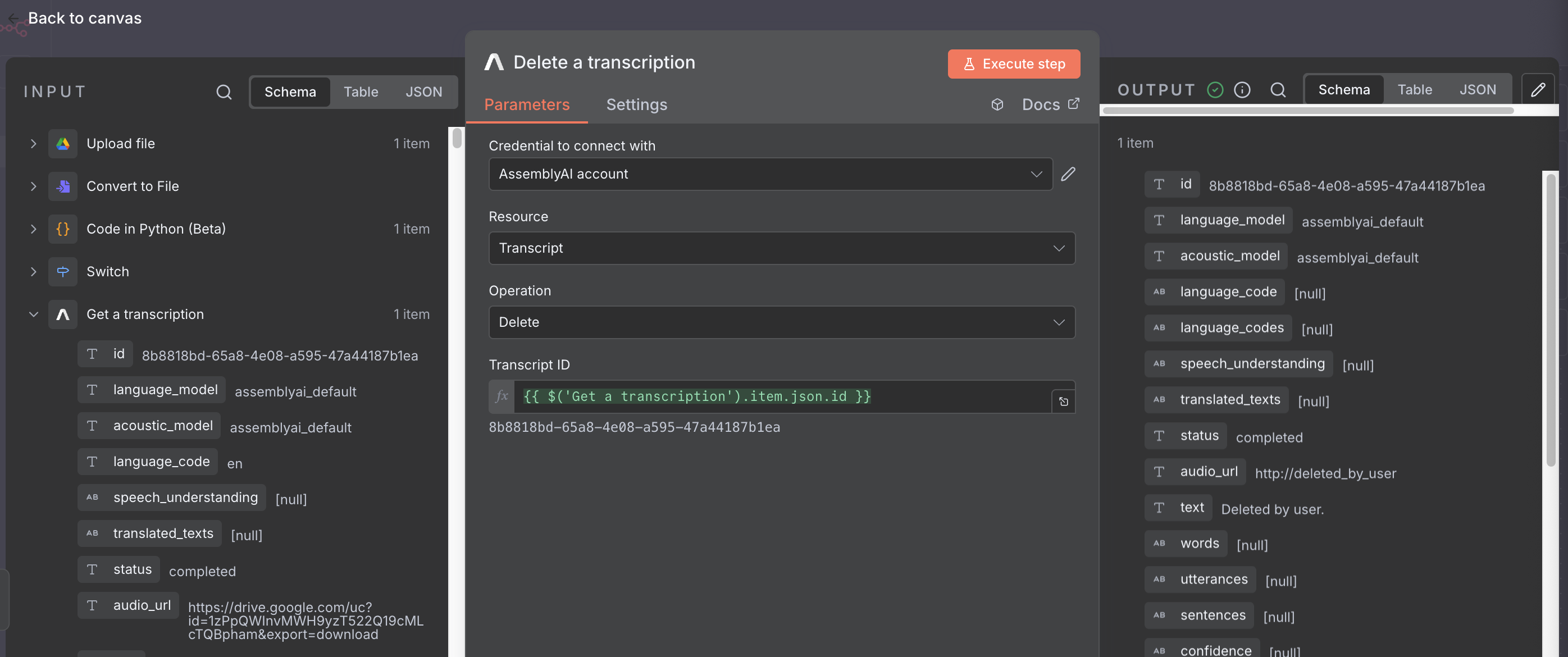n8n AssemblyAI Delete a transcription node at the end of the workflow