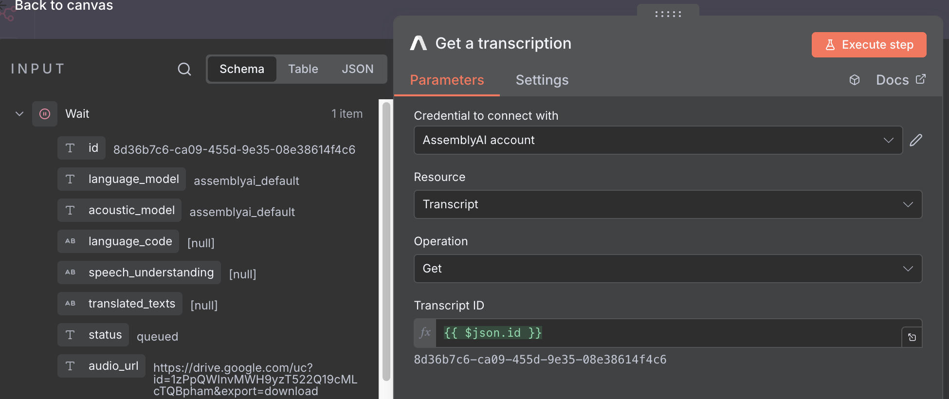 AssemblyAI Get a transcription node parameters with Transcript ID field