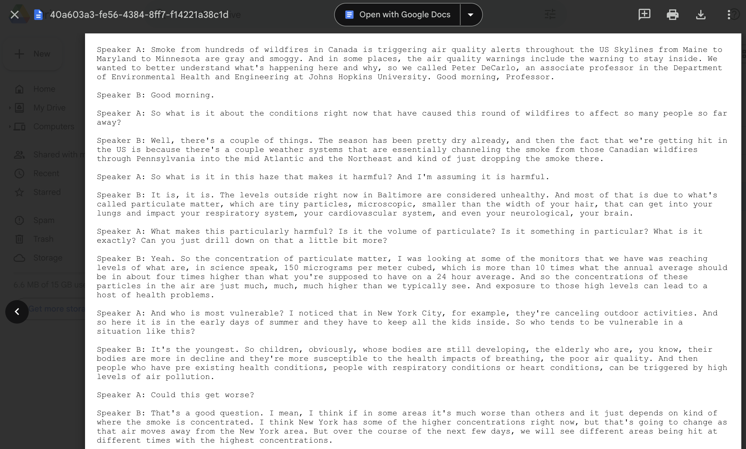 Formatted transcript text file saved in the Google Drive transcripts folder