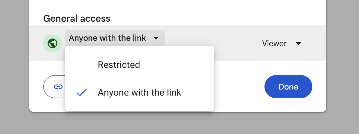Google Drive folder sharing settings set to public access