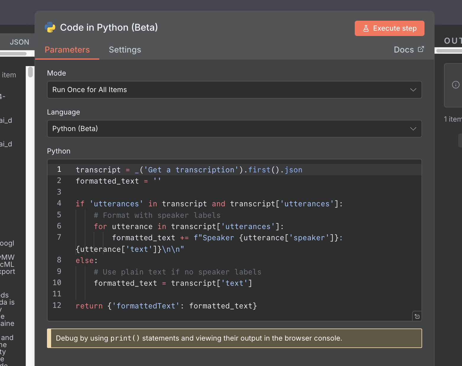 n8n Python Code node formatting the transcript with speaker labels